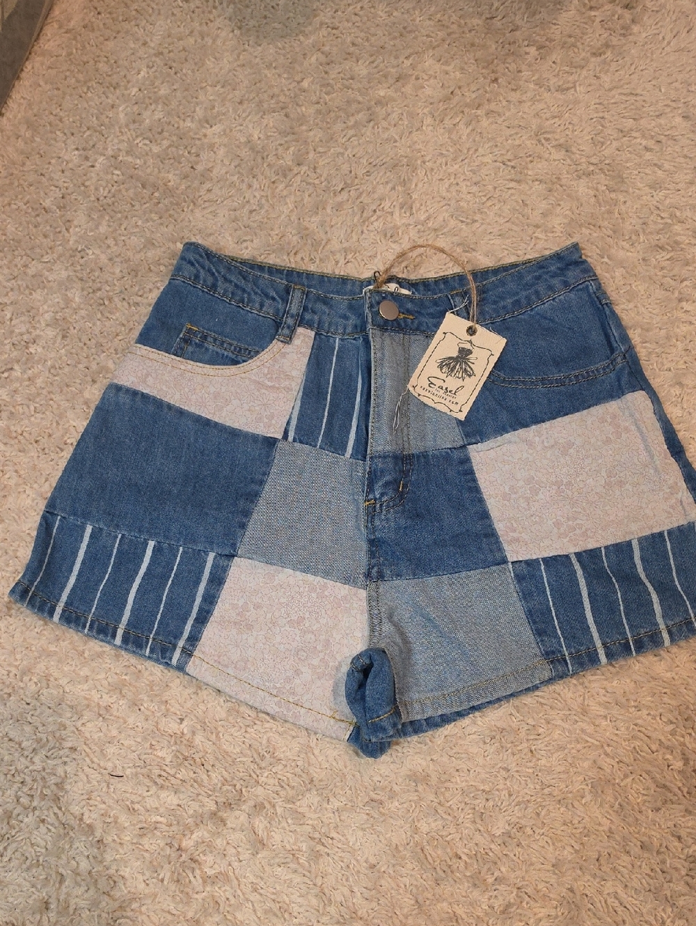 073p easel Patchwork Denim High-Rise Shorts in Mixed Blue